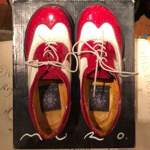 Red & White Patten Leather Oxfords